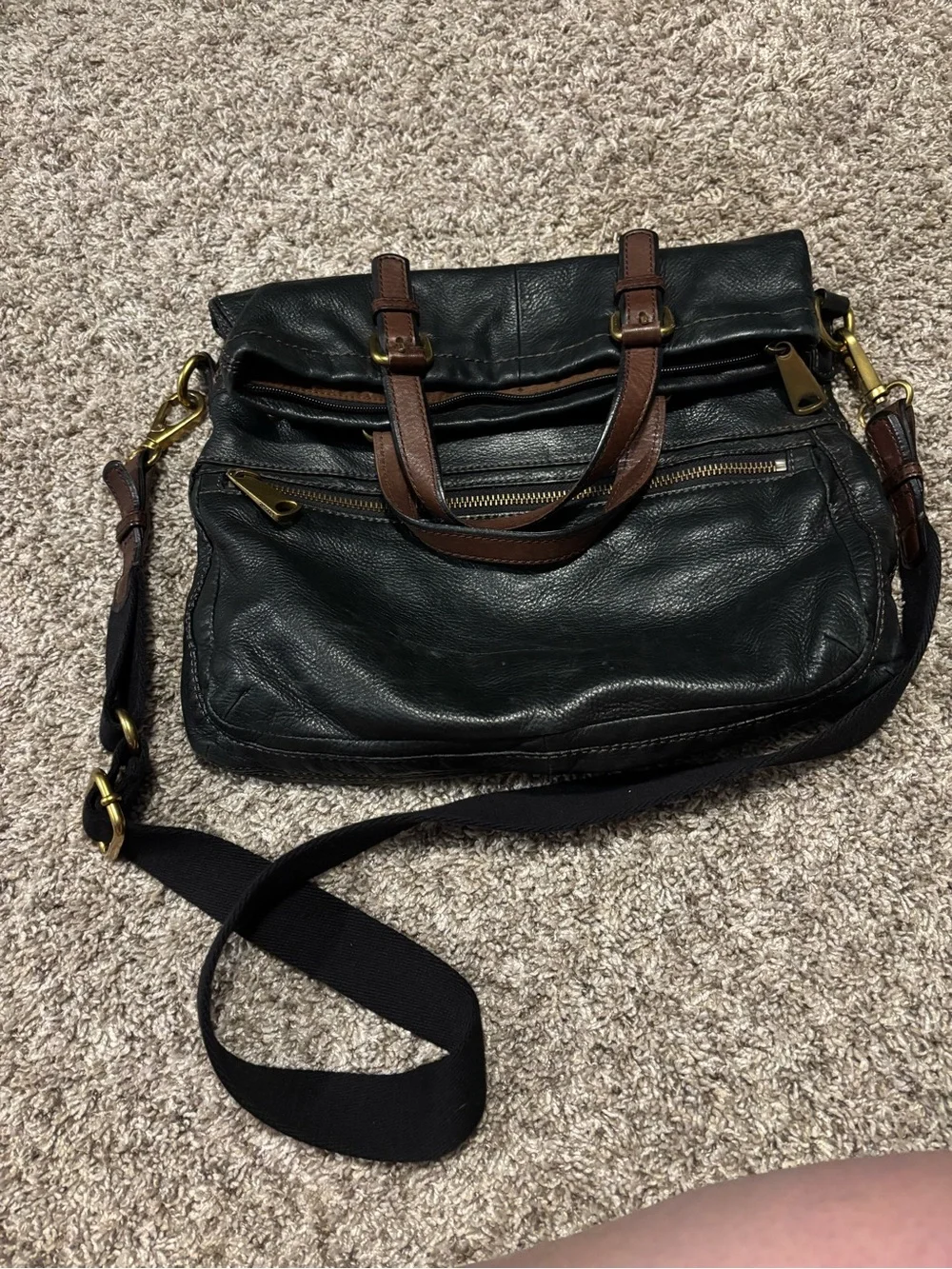 Fossil Black Leather Crossbody Satchel with Brown Trim